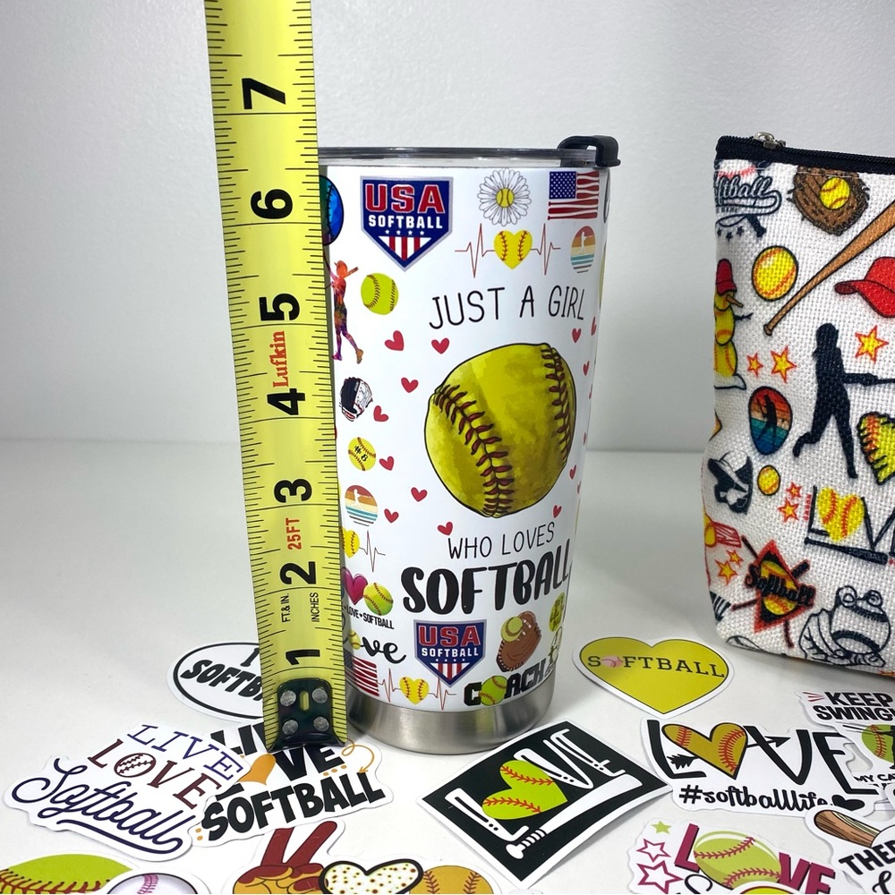 Girl Loves Softball Swag Lot 20oz Tumbler Cosmetic Pouch 40-Piece Sticker Set - Picture 5 of 10